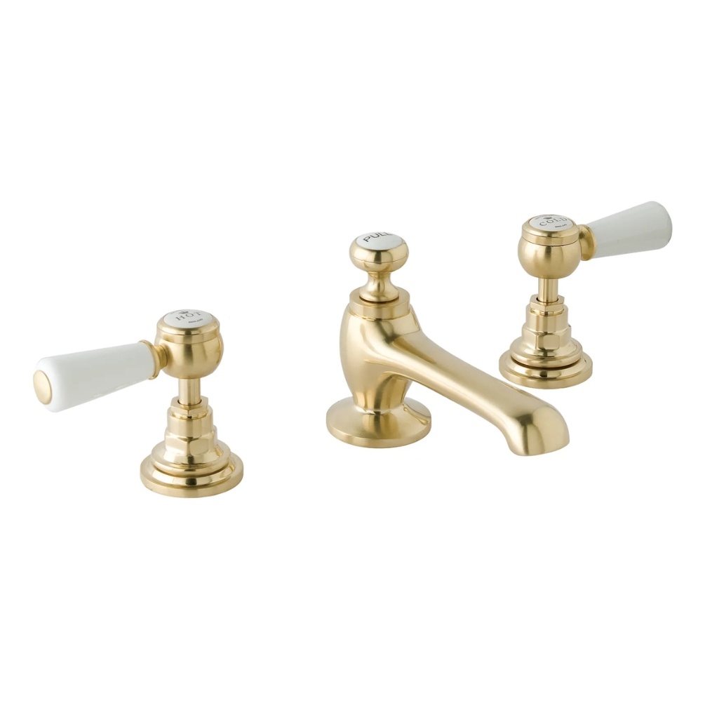 BC Designs Victrion Brushed Gold Lever 3 Tap Hole Basin Mixer & Waste Cut Out